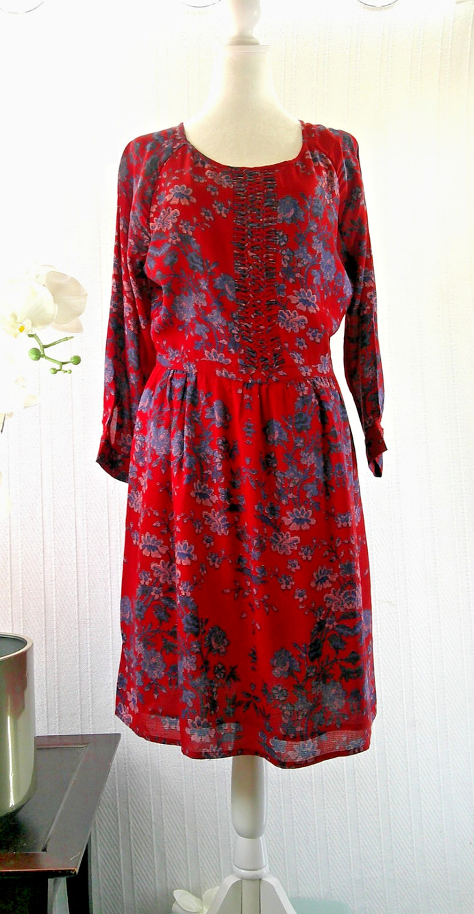 Lucky Brand Red Blue Floral A-Line Mini Long Sleeve Boho Dress Womens Medium